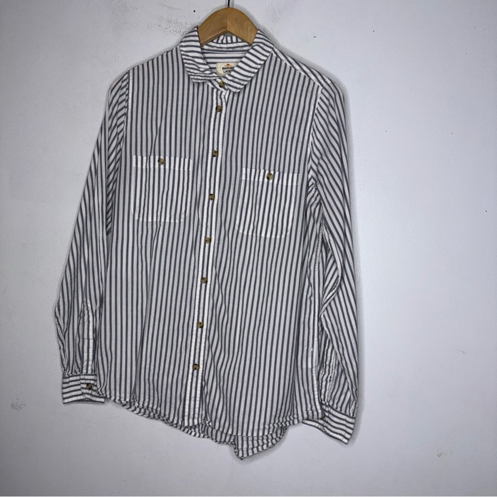 Marine Layer White Grey Stripe Collar Long Sleeve Cotton Rayon Button Down M
